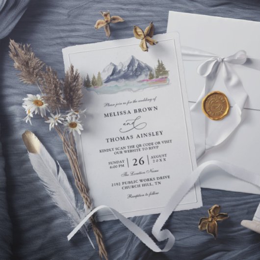 Bosrijke bergmeer rustieke budget QR-code bruiloft Kaart