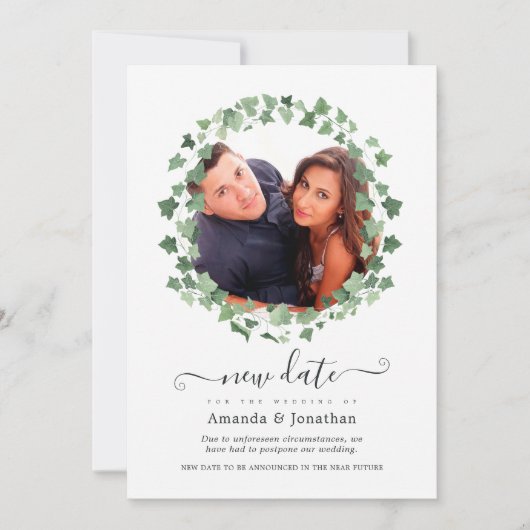 Bosrijke groene wedding nieuwe datum save the date (Voorkant)