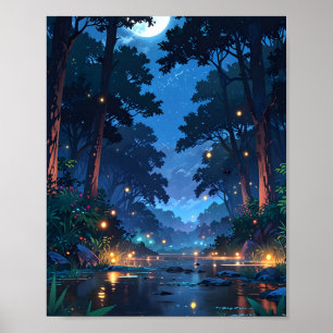 Bosrivier in het maanlicht poster