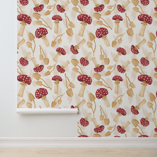 Bosrode paddenstoelen en verfstreken behang