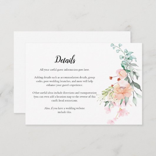 Bosrozen groenbloemige trouwdetails informatiekaartje (Voorkant / Achterkant)