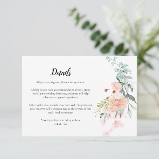 Bosrozen groenbloemige trouwdetails informatiekaartje (Staand voorkant)