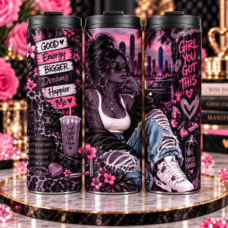 Boss Babe Stedelijk Meisje Roze Stad Collage Thermosbeker