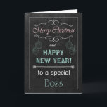 Boss Chalkboard Christmas Kaart<br><div class="desc">Trendy schoolbord kerstkaart voor je baas. Het beschikt over een krijtbord,  krijttekst en ornamenten. (Kaart is geen echt krijtbord of krijt,  het lijkt alleen zo.) Ontwerp ©2013 Kreative Sentiments Kaarten van Sherry Harris</div>