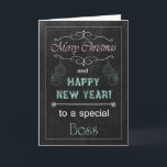 Boss Chalkboard Christmas Kaart<br><div class="desc">Trendy schoolbord kerstkaart voor je baas. Het beschikt over een krijtbord,  krijttekst en ornamenten. (Kaart is geen echt krijtbord of krijt,  het lijkt alleen zo.) Ontwerp ©2013 Kreative Sentiments Kaarten van Sherry Harris</div>