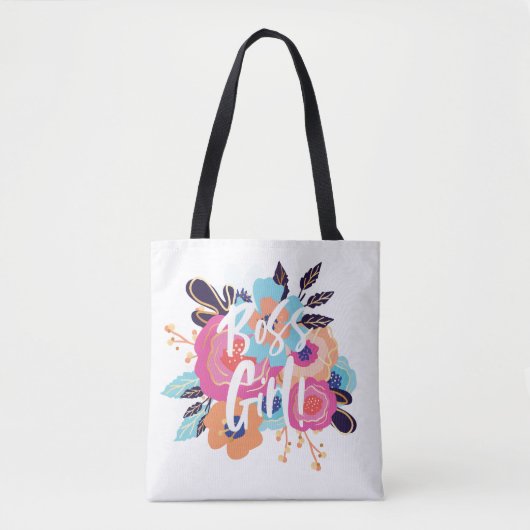 Boss Girl | Trendy Bold Florals & Brush Script Tote Bag (Voorkant)