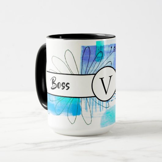 Boss Lady Blue Monogram Abstract Ringer 15oz Mok (Voorkant links)