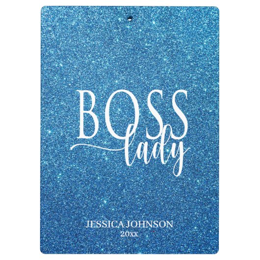 Boss Lady Blue Sparkle and White Script Klembord (Achterkant)