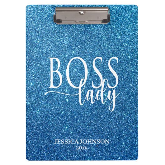 Boss Lady Blue Sparkle and White Script Klembord (Voorkant)