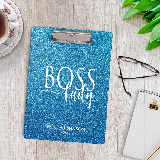 Boss Lady Blue Sparkle and White Script Klembord