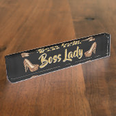 Boss Lady | Elegant Gold Glitter High Heels Naambordje (Zijkant)