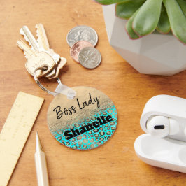 Boss Lady Glittery Turquoise Leopard Custom Sleutelhanger