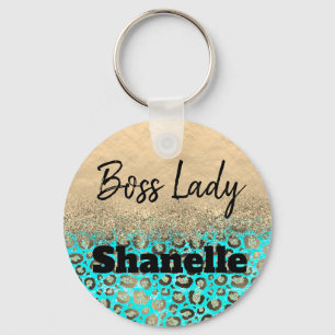 Boss Lady Glittery Turquoise Leopard Custom Sleutelhanger
