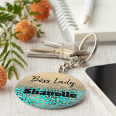 Boss Lady Glittery Turquoise Leopard Custom Sleutelhanger (Zijkant)