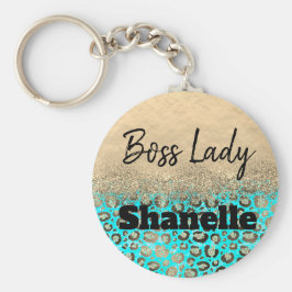 Boss Lady Glittery Turquoise Leopard Custom Sleutelhanger