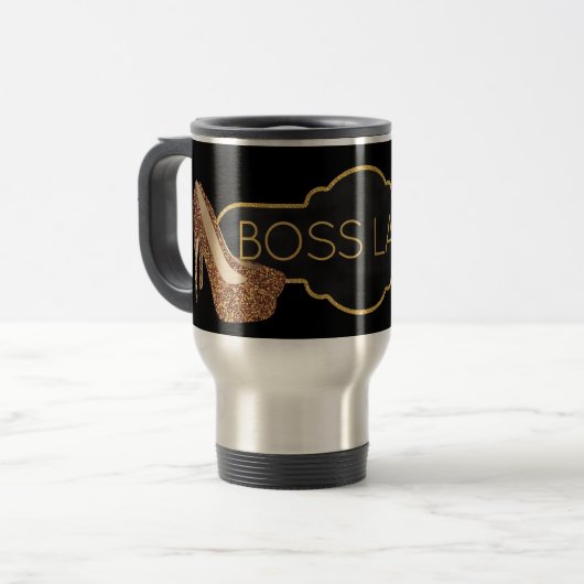 Boss Lady | Hoogte van Chic Gold Glitter Reisbeker (Voorkant links)
