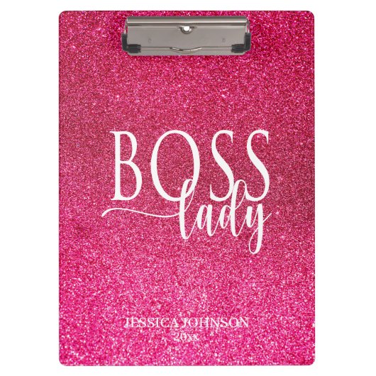 Boss Lady Pink Sparkle and White Script Klembord (Voorkant)