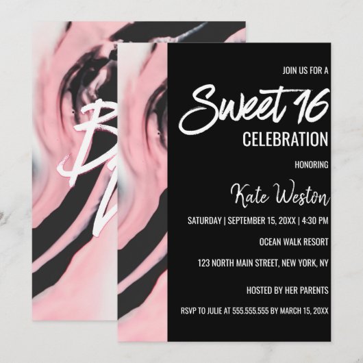 Boss Lady Roze Zwart Geschilderd Marmer Sweet 16 Kaart (Voorkant / Achterkant)