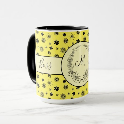 Boss Lady Yellow Black Monogram Ringer 15oz Mok (Voorkant links)