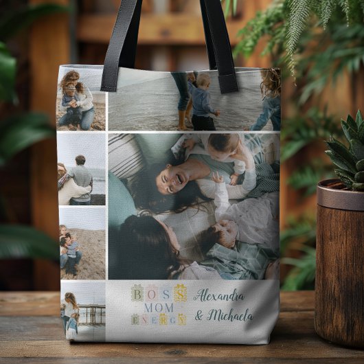 Boss Mom Energy Plaid Photo Collage Tote Bag