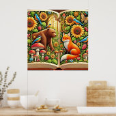 Bosscène met Beer, vos, zonnebloemen Poster (Keuken)