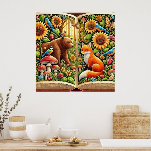 Bosscène met Beer, vos, zonnebloemen Poster (Keuken)