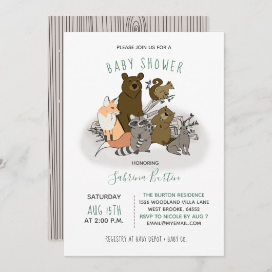 Bossen Baby shower Cute Forest Animals Kaart (Voorkant / Achterkant)