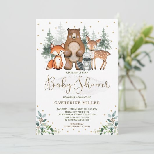 Bossen Baby shower Forest Animals Greenery Gold Kaart (Staand voorkant)