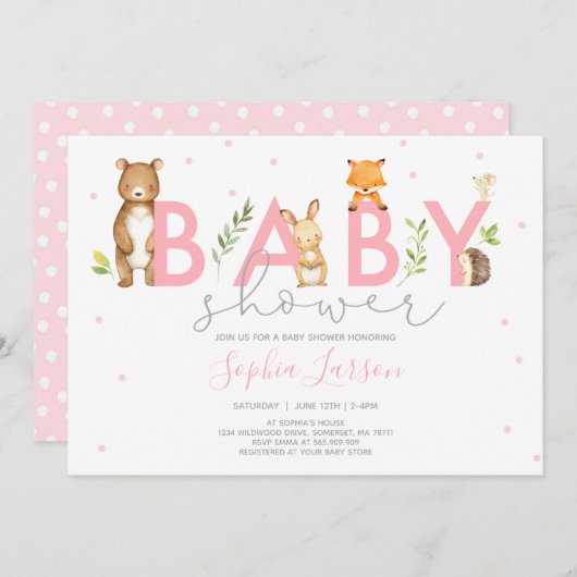 Bossen Baby shower Invitation Forest Animals Kaart (Voorkant / Achterkant)