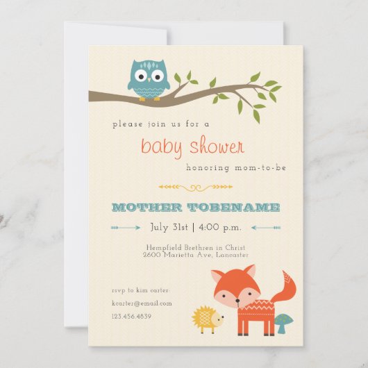 Bossen Baby shower Uitnodiging - uil, vos (Voorkant)