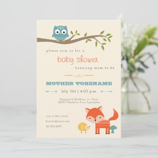 Bossen Baby shower Uitnodiging - uil, vos (Staand voorkant)