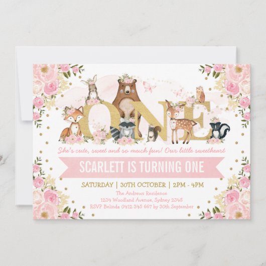  bossen dieren Blush Gold 1e verjaardag Kaart (Voorkant)