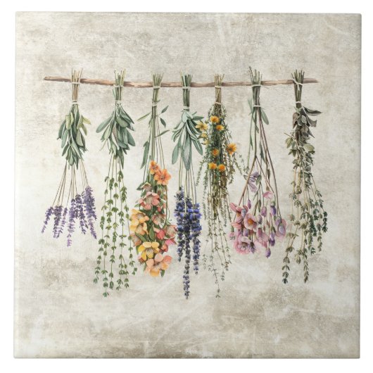 Bossen gedroogde rustieke bloemen en kruiden tegeltje (Voorkant)