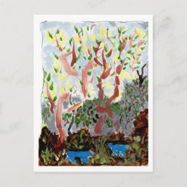 Bossen met blauwe beesten en briefkaart van het ty