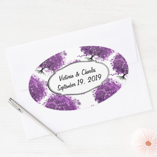 Bossen met Paarse hardebomen Ovale Sticker (Envelop)
