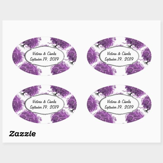 Bossen met Paarse hardebomen Ovale Sticker (Vel)
