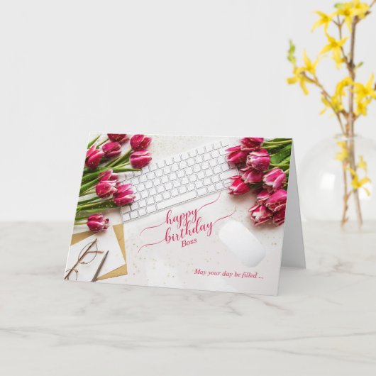 Boss's Birthday Pink Tulips and Desktop Kaart (Gele Bloem)