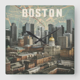 Boston, Boston Massachusetts Stadsgezicht Met Kaar Vierkante Klok