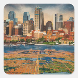 Boston, Boston Massachusetts Stadsgezicht Met Kaar Vierkante Sticker