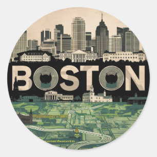 Boston, Boston Massachusetts Stadssilhouet Met Kaa Ronde Sticker