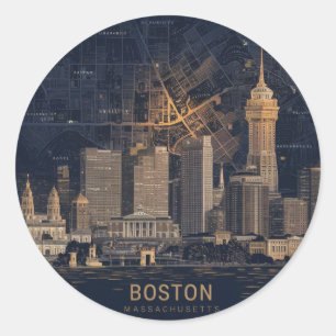 Boston, Boston Massachusetts Stadssilhouet Met Kaa Ronde Sticker