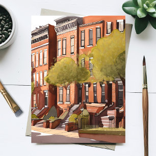 Boston Brownstones   Beacon Street Aquarel Briefkaart