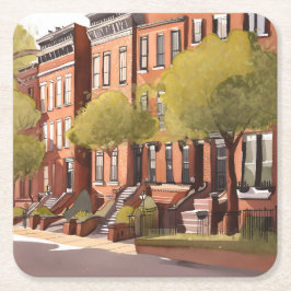 Boston Brownstones | Beacon Street Aquarel Kartonnen Onderzetters