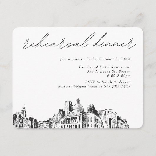 Boston bruiloft elegante schets repetitie diner informatiekaartje (Voorkant)