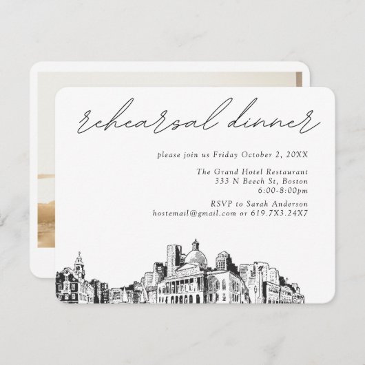 Boston bruiloft elegante schets repetitie diner informatiekaartje (Voorkant / Achterkant)