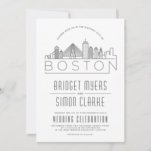 Boston bruiloft | Gestileerde Skyline uitnodiging (Voorkant)