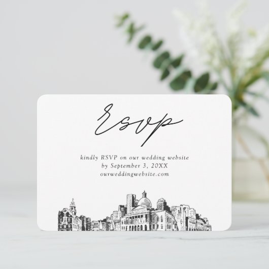 Boston bruiloft minimalistische schets RSVP Informatiekaartje (Staand voorkant)