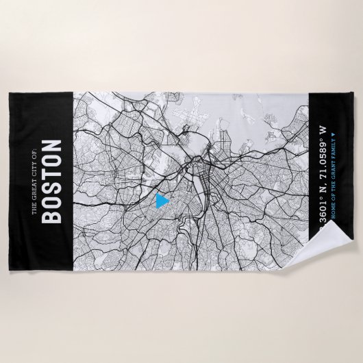 Boston City Map + je aangepaste locatie Strandlaken (Voorkant)