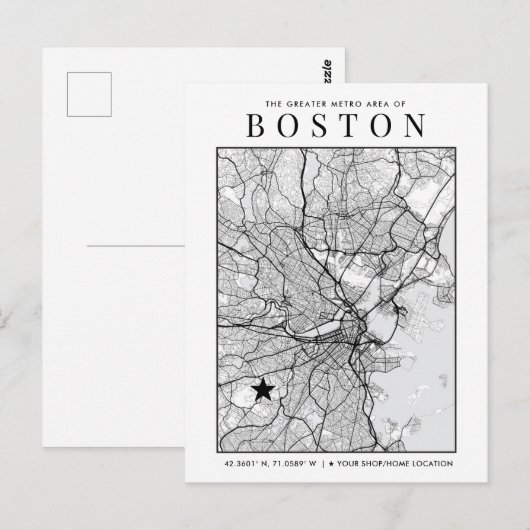 Boston City Map + Locatie Marker Briefkaart (Voorkant / Achterkant)
