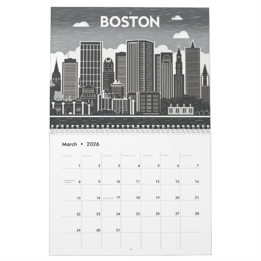 Boston City Skyline, Boston kaart Kalender (Mar 2026)